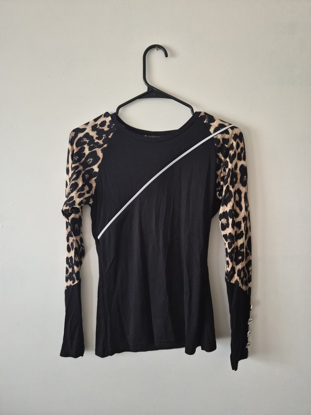 Long Sleeve Black Top with Leopard Print Sleeves